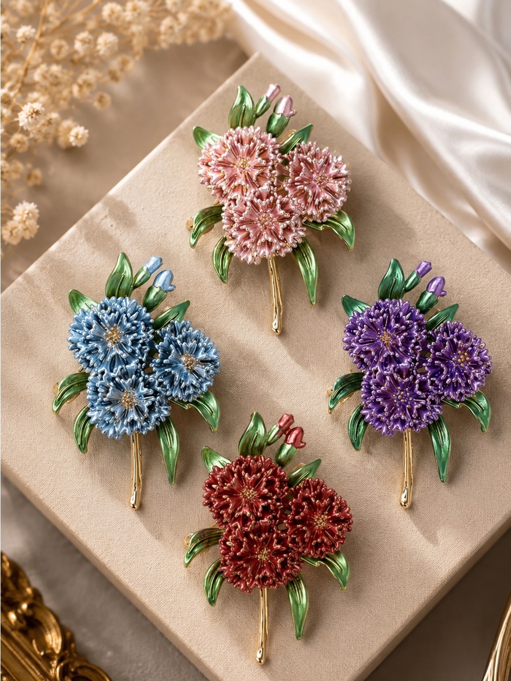Blue Floral Bouquet Enamel Brooch with Green Leaves - Picture 3 of 6